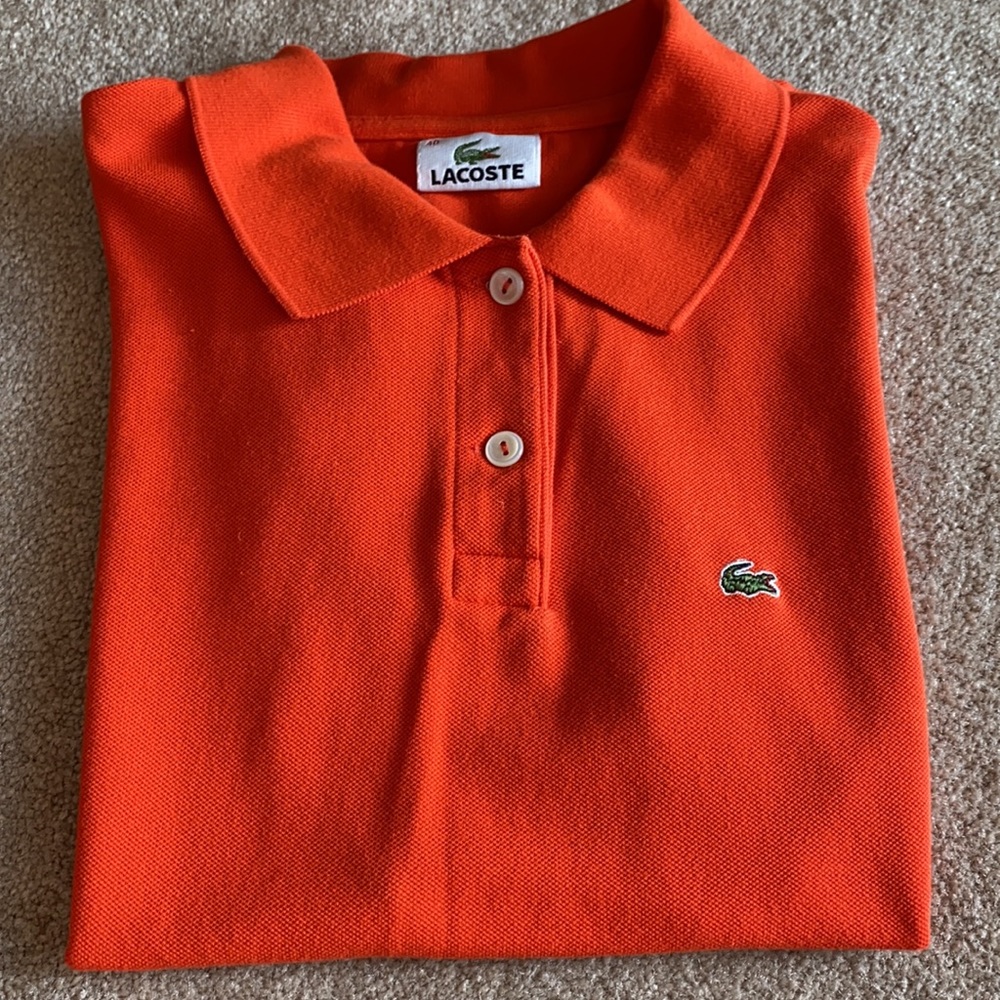 Lacoste women’s 40 Fr polo t-shirt orange tee 2 button, button up croc logo